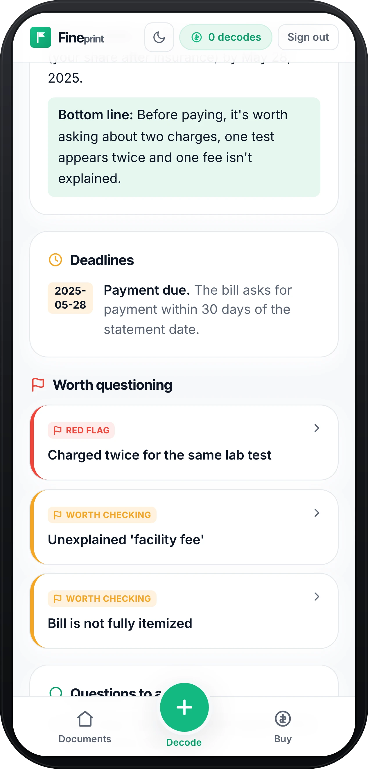 Fineprint showing red and amber flags on a medical bill, with what to question